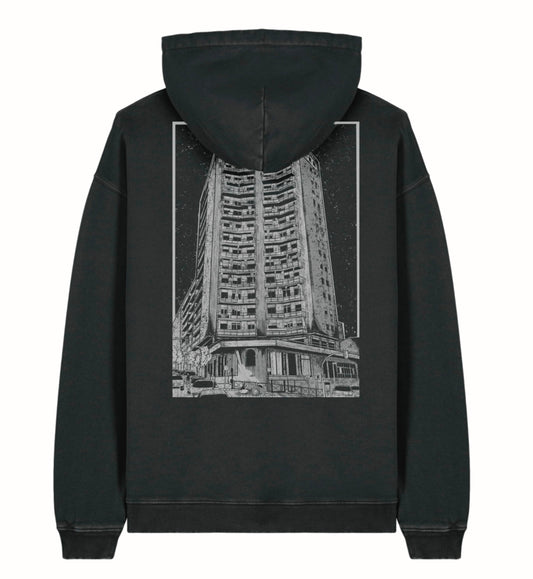 SUDADERA OVERSIZE NEGRA VINTAGE CON DISEÑO DE LA TORRE E.L.